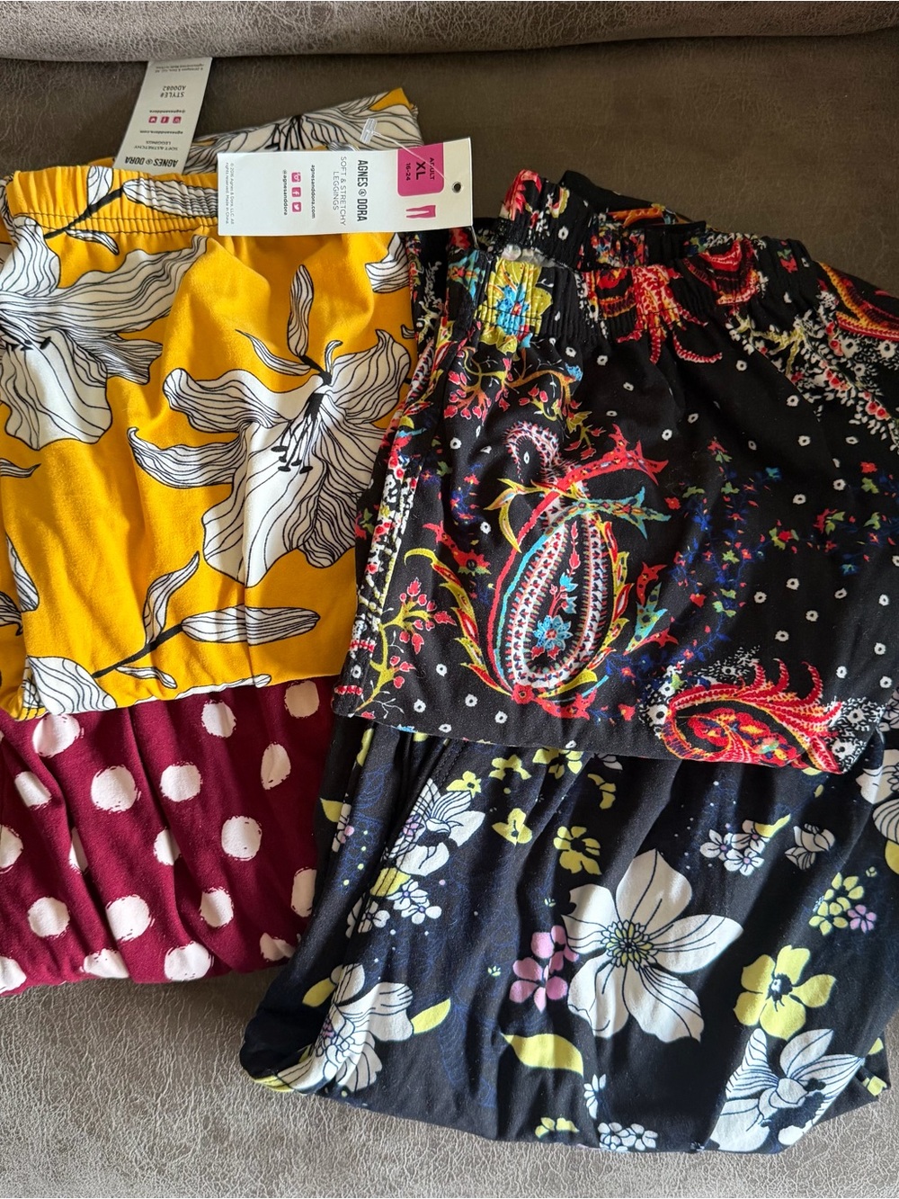 Agnes & Dora Mixed Print Leggings - Yellow, Black & Burgundy